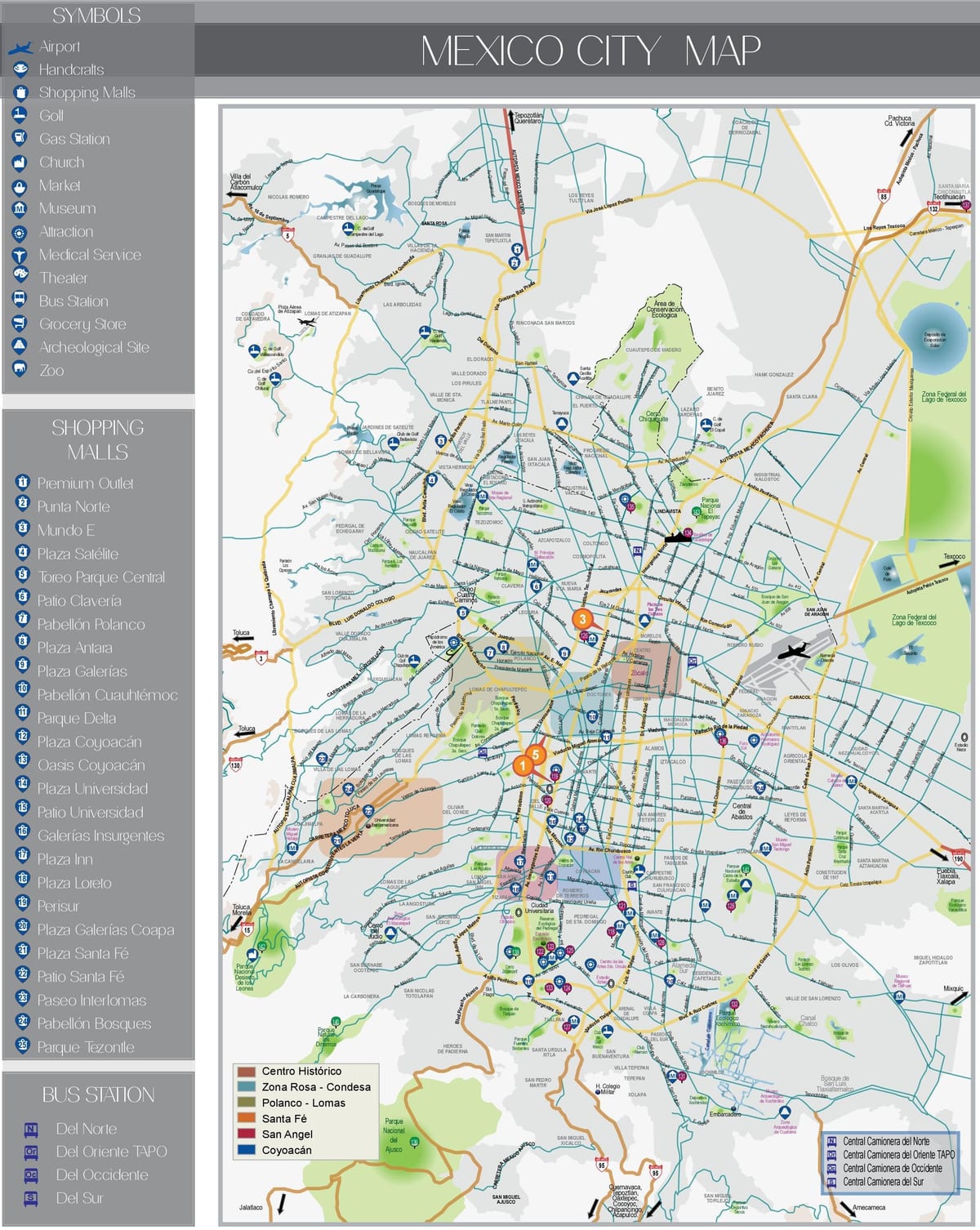 zemljevid Mexico City turističnih znamenitosti.